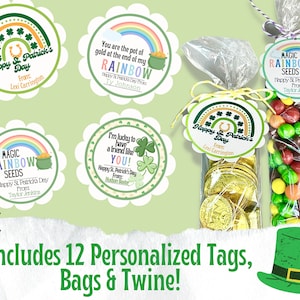 May include: Twelve personalized St. Patrick's Day gift tags with rainbow and shamrock designs. The tags are attached to bags filled with gold coins and colorful candies. The text on the tags includes "Happy St. Patrick's Day", "Magic Rainbow Seeds", and "You are the pot of gold at the end of my rainbow".