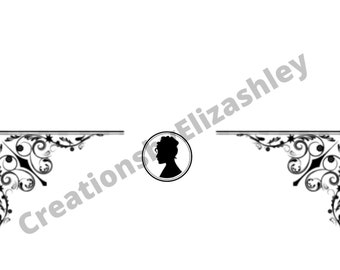 May include: Black and white silhouette of a woman's profile in a circle with a decorative floral border on each side. The text "Creations by Elizabeth" is superimposed on the image.