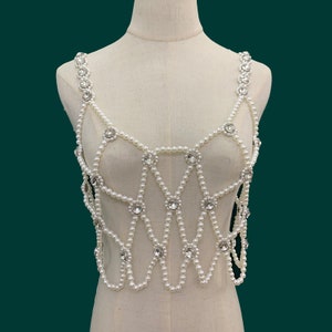 Crochet Pearl Top, Pearls Beaded Vest With Diamond, Pearl Body Chain Dress  Decoration, Pearl Bra, Pearl Crop Top 