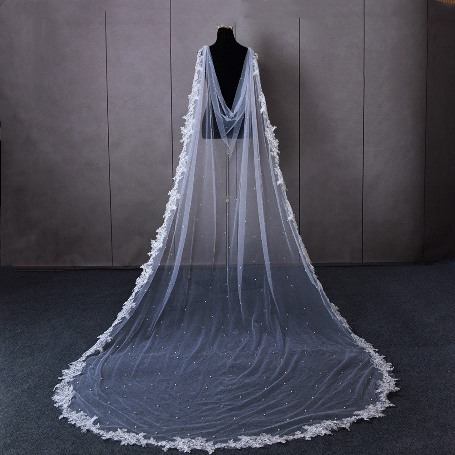 Pearl Cape Veil wedding Cape Veil With Lace Bridal Cape Etsy