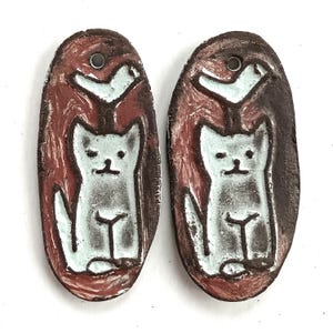 Cat and Bird Pendant Pair, Ceramic Charms for Earrings or Jewelry Making
