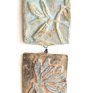 Rustic Modern Flower Tiles Set of 2, Small Rectangular Ceramic Wall Reliefs, Unique Handmade Botanical Art