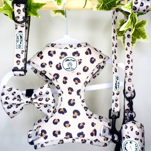 Lovely Leopard Dog Harness Set.  Matching Harness, Collar, Lead, Bow and Poo Bag.  Same Day Dispatch. FREE BANDANA with all sets.