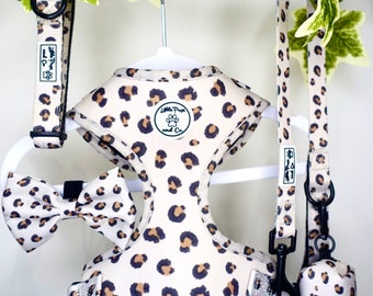 BOGOF Buy 1 full set - get 1 free! Lovely Leopard Dog Harness Set.  Matching Harness, Collar, Lead, Bow and Poo Bag. Size  LARGE ONLY