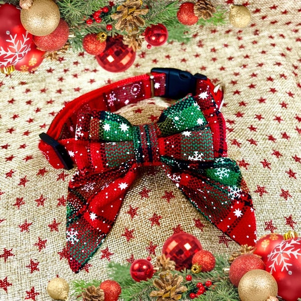 Christmas Dog Collar and Bow.  Christmas Sailor Bow included.  Tartan Dog Collar