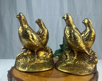 Vintage Gold Brass HEAVY pair of Quail/Game Birds Bookends/Doorstops/Fireplace Decor