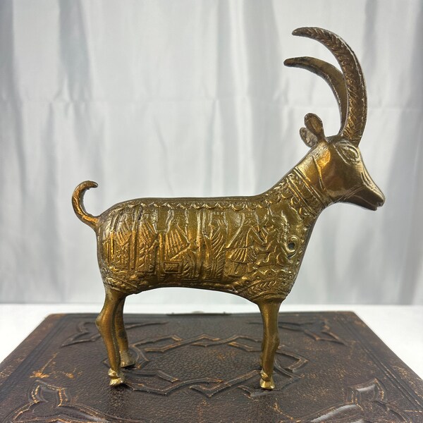 Vintage Brass Goat/Ram Mythical Statue with Hieroglyph story sides