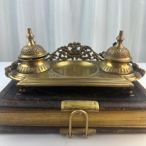 Vintage Brass Double Victorian Style Inkwell/Desk Decor