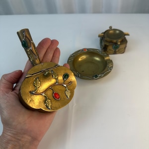 Vintage Ornate Embellished Brass set of 2 Ashtrays/Lidded Coal Pan