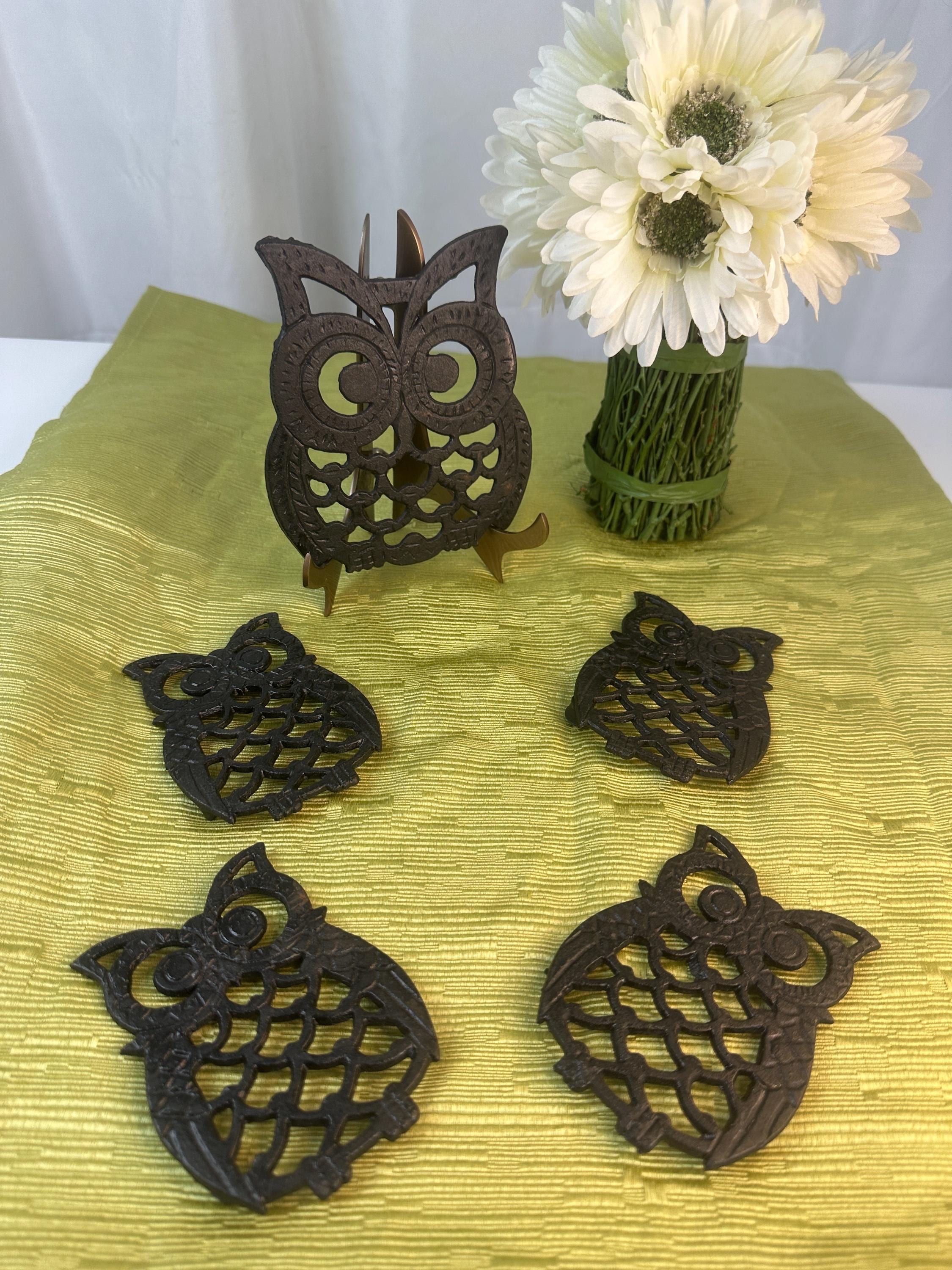 Vintage Cast Iron Owl Family of 5 Trivet/Wall Decor Set w/easel