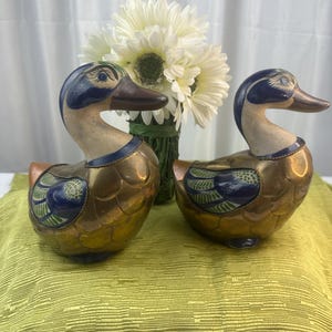 Vintage Pair of Hand Painted Brass, Copper and Porcelain Ducks