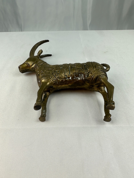 Vintage Brass Goat/ram Mythical Statue With Hieroglyph Story Sides 