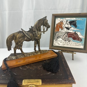 Vintage Brass Native Arabian Horse Statue on Wood Base