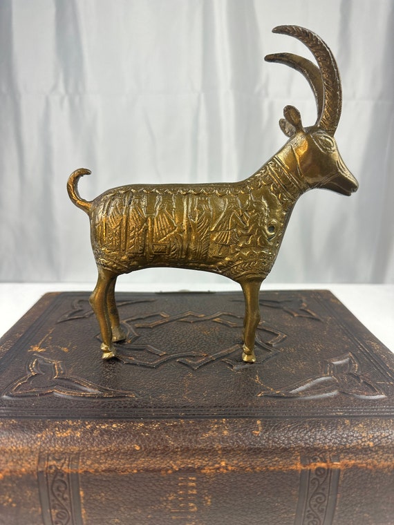 Vintage Brass Goat/ram Mythical Statue With Hieroglyph Story Sides