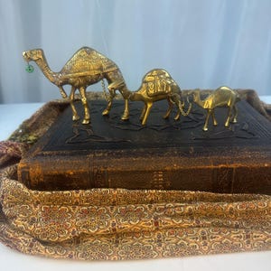 Vintage Solid Brass chained Camel Caravan family of 3