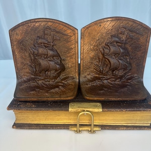 Vintage Bronze over Cast Iron Bron Met Warships on the High Seas Bookends