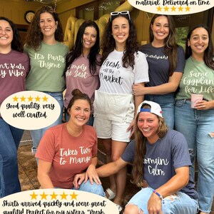 May include: A group of women wearing matching t-shirts with various food-themed phrases. The shirts are a light heather grey color with white text. The phrases on the shirts include "It's Party Thyme", "Simply the Best", "Fresh off the Market", "Same Eggplant for Life", "Takes Two to Mango", and "Remain Calm".