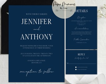 Navy Blue Minimal Wedding Invitation Suite Template, Modern Wedding Invite Template