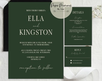 Modèle de suite de mariage vert olive, ensemble d'invitation de mariage minimal, ensemble d'invitation de mariage moderne