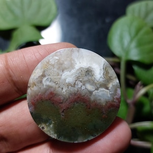 May include: A circular polished gemstone cabochon featuring a layered pattern of earthy olive green, muted red, and translucent white mineral inclusions with a smooth, glossy surface and a distinct rounded edge profile.