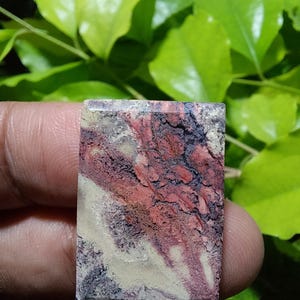 May include: A rectangular polished gemstone cabochon featuring a complex pattern of deep red, dark purple, and creamy beige mineral inclusions. The stone displays a textured, organic surface with distinct color zones and natural veining throughout.