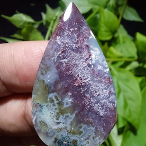 Scenic Moss Agate Teardrop Cabochon 21x40x5 mm, Java Indonesia Stone