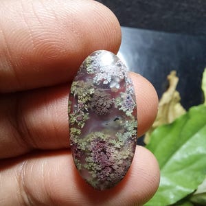 May include: An oval-shaped moss agate gemstone featuring a translucent, milky base with intricate, branching dendrite inclusions in shades of deep burgundy, forest green, and muted olive, creating a natural, fern-like pattern throughout the stone.