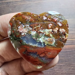 Könnte beinhalten: Ein herzförmiger, polierter Achat-Stein mit einer Vielzahl von Farben, darunter Rot, Braun, Weiß und Grün. Der Stein hat ein einzigartiges und komplexes Muster.