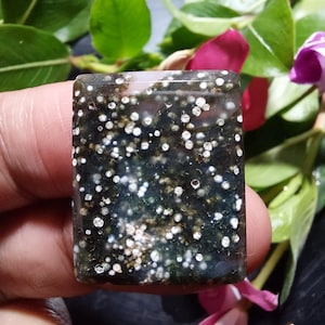 Puede incluir: Un cabujón de ágata verde oscuro y blanco con un patrón moteado. La piedra es rectangular y tiene una superficie pulida.