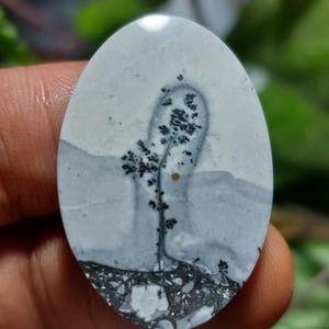 Maligano Landschafts-Jaspis Cabochon : Landschaftlich schöner Fels-Baum-Anhänger (22x32x5 mm)
