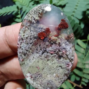 以下が含まれることがあります： 赤、白、緑の樹枝状結晶が独特のパターンを描いた、研磨された楕円形の瑪瑙。石は半透明で、光を通します。