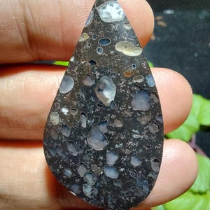 Peut inclure: Une pierre précieuse cabochon en forme de goutte d'eau présentant une matrice sombre de couleur charbon incrustée de nombreuses inclusions translucides gris clair et blanches de tailles variées, créant un aspect tacheté et texturé.