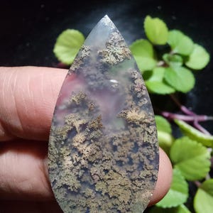 May include: A teardrop-shaped gemstone with a translucent appearance. The stone features a landscape-like pattern with shades of brown, green, and purple, resembling a miniature forest. The gemstone is held by a person's hand, with green leaves in the background.