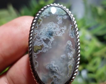 Green Moss Agate Ring: Stainless Steel Boho Nature Jewelry, Size 7