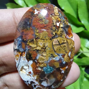 May include: An oval-shaped polished gemstone featuring a complex pattern of deep rust-red, ochre-yellow, and dark brown tones. The surface displays intricate veining, small crystalline white inclusions, and a single distinct teal-coloured spot.
