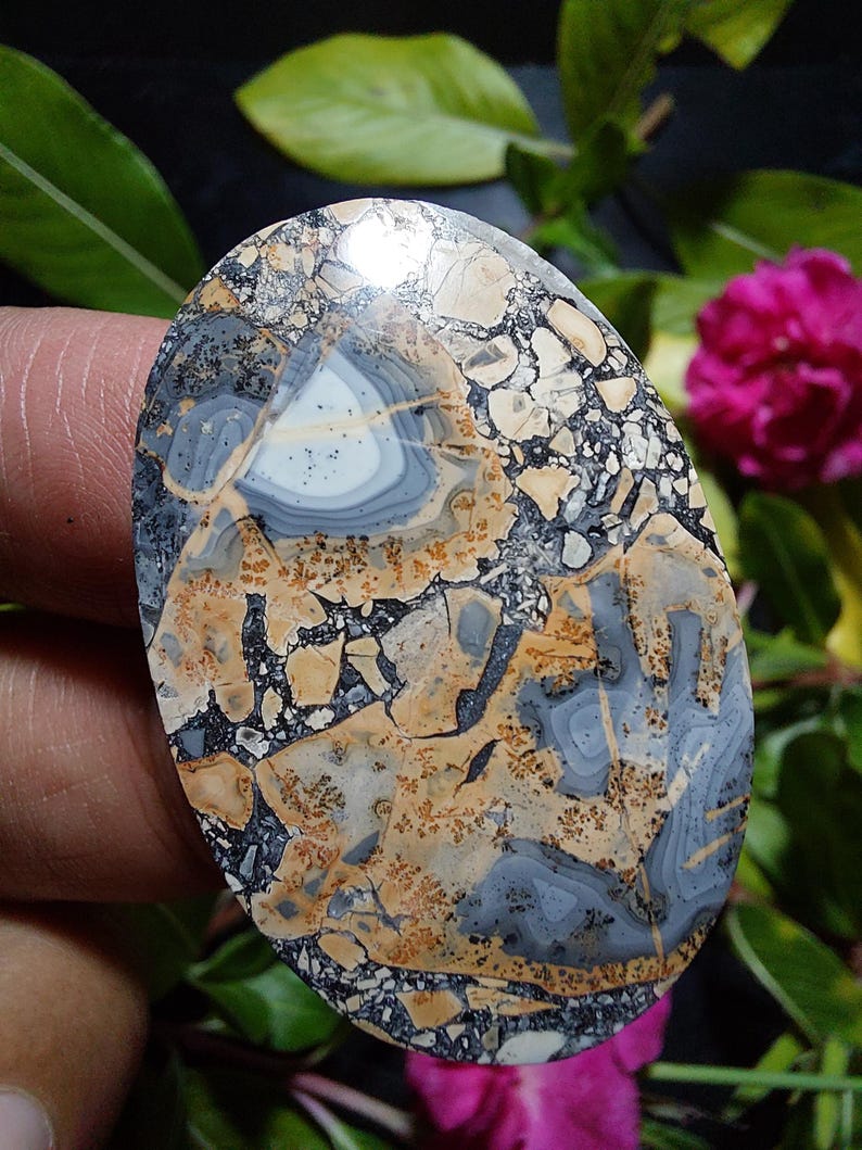 May include: A polished oval-shaped stone with a unique pattern of black, white, gray, and orange. The stone has a mottled appearance with a central swirl of gray and white.
