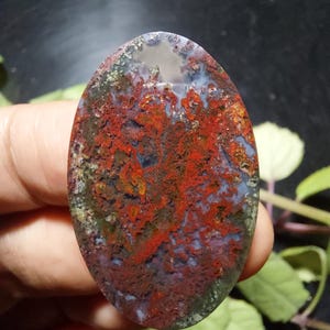 Op de afbeelding: Een ovaalvormige edelsteen met een opvallend patroon van rode, bruine, groene en blauwe tinten. Het oppervlak van de steen vertoont een complex, organisch ontwerp, dat lijkt op een landschap of abstract kunstwerk. De gepolijste steen wordt in een hand gehouden.