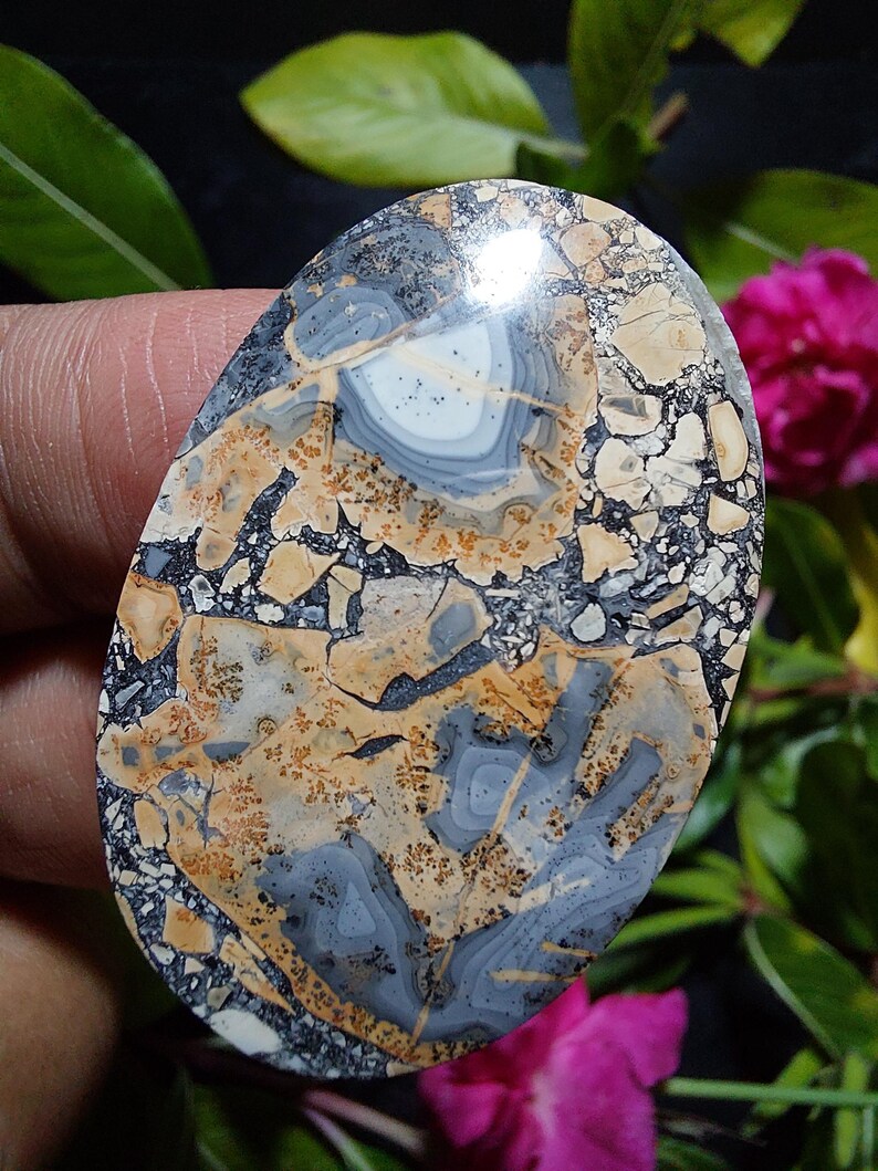 May include: A polished oval cabochon of gray, white, and brown jasper with a swirling pattern. The stone has a speckled appearance with small black and brown inclusions.
