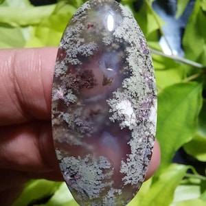 May include: An oval-shaped gemstone with a moss agate pattern. The stone features a mix of colors, including white, green, brown, and purple. The intricate patterns resemble a landscape or natural scene. The gemstone is held in a hand against a backdrop of green leaves.