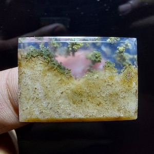 May include: A polished agate stone with a landscape scene. The stone is translucent and has a light pink, white, and brown color. The landscape scene features green moss-like formations.