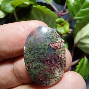 May include: An oval-shaped moss agate gemstone featuring intricate, tree-like dendritic inclusions in shades of deep forest green, earthy brown, and reddish-maroon, set against a translucent, cloudy, and pale greyish-white background.
