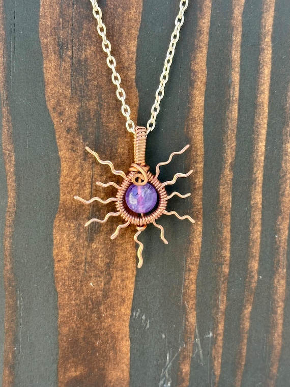 Amethyst Wire Wrapped Sun Pendant // Handmade Bare Copper Wire