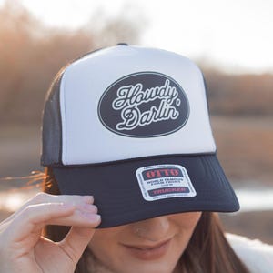 Howdy Darlin&#39; Trucker Hat, Women&#39;s Hat, Cowboy Trucker Hat, Nashville Style Hat, Black and White trucker hat, Trendy Hat