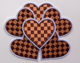 Parche termoadhesivo de corazón a cuadros, parche a cuadros, parche marrón, parche termoadhesivo, parche para chaqueta, parches, parches de corazón, parches para sombrero