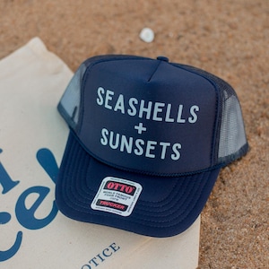 Seashells & Sunsets Hat, Vacation Hat, Beach Vacation, Women&#39;s Trucker Hat, Trendy Cap, Beach hat, Beach bum, Beachy Hat, Custom Trucker hat