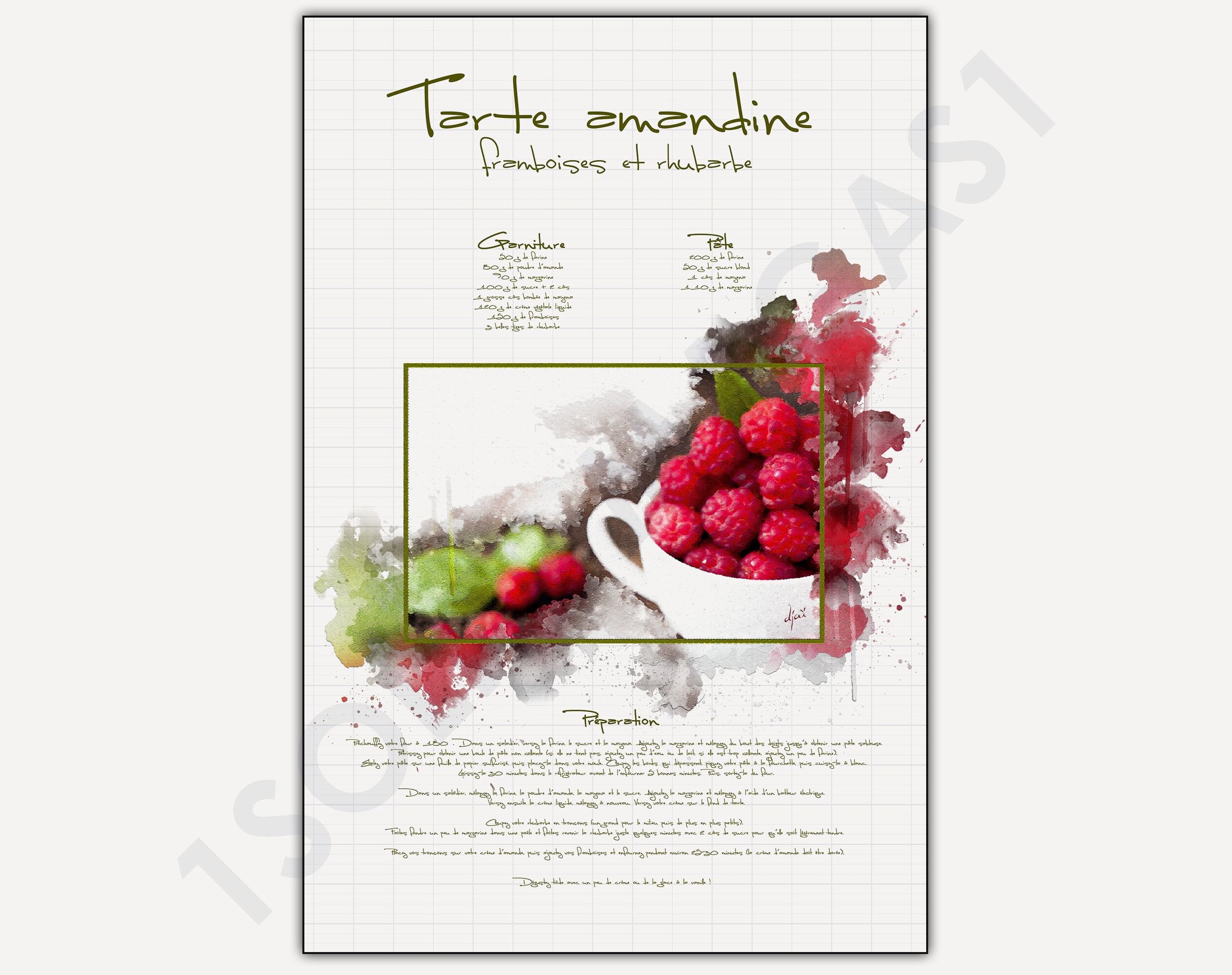 Recette Tarte Amandine Framboises et Rhubarbe - Poster Art Mural Decoration, Tableau Imprimé sur Pap