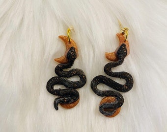 Yara: Snake and Crescent Moon Polymer Clay Dangles Approx. 2 inch height