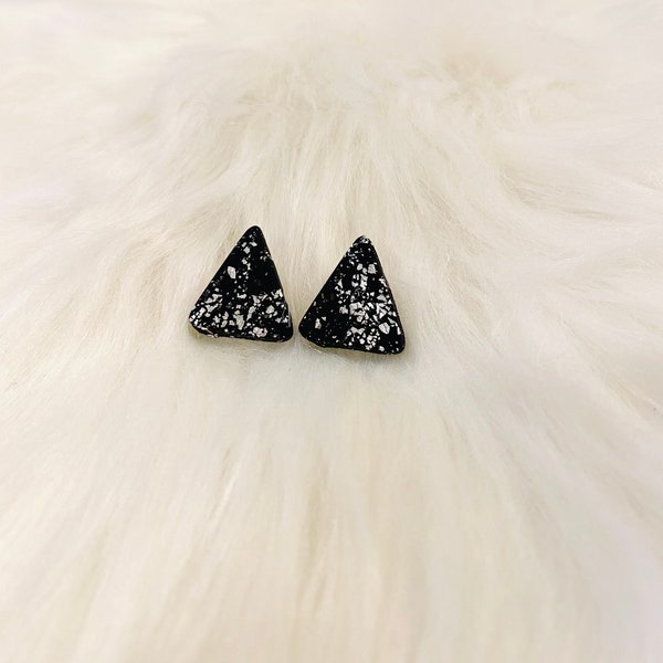 Ryder: 10mm Polymer Clay Black Silverleaf Triangle Earrings