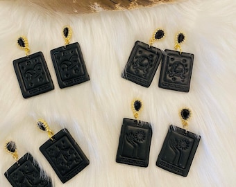 Tarah: Black Tarot Card with Onyx Post Polymer Clay Dangles (The Fool, The Magician, Justice, Strength variations)