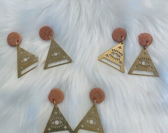 Mystique: Brass Pyramid  with 10mm Rose Gold Polymer Post Dangle, Approx. 1.5 inches total height